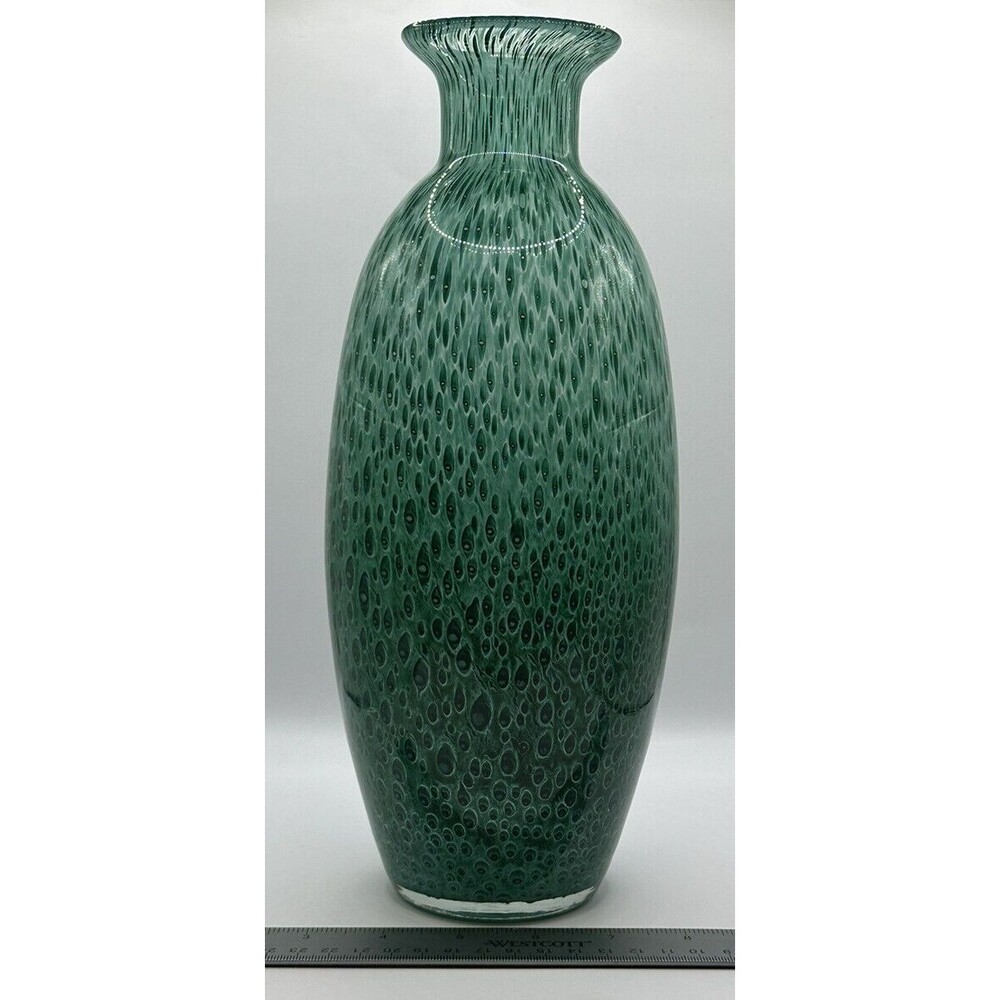 Hand Blown Studio Art Glass Vase Peacock Vase Green Blue Vase - Picture 3 of 7
